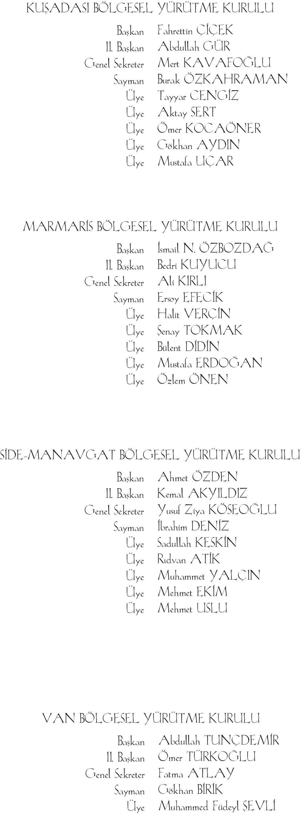 SEL YÜ RÜT ME KU RU LU Bafl kan II. Bafl kan Ge nel Sek re ter Say man Üye Üye Üye Üye Üye İsmail N.