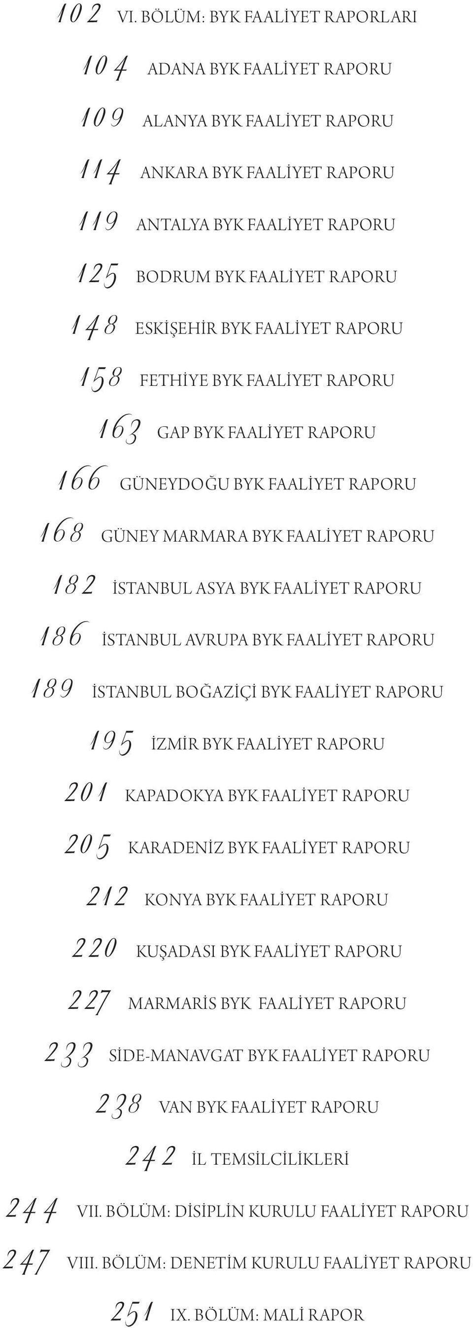 BYK FAALİYET RAPORU 158 FETHİYE BYK FAALİYET RAPORU 1 63 GAP BYK FAALİYET RAPORU 166 GÜNEYDOĞU BYK FAALİYET RAPORU 168 GÜNEY MARMARA BYK FAALİYET RAPORU 182 İSTANBUL ASYA BYK FAALİYET RAPORU 186