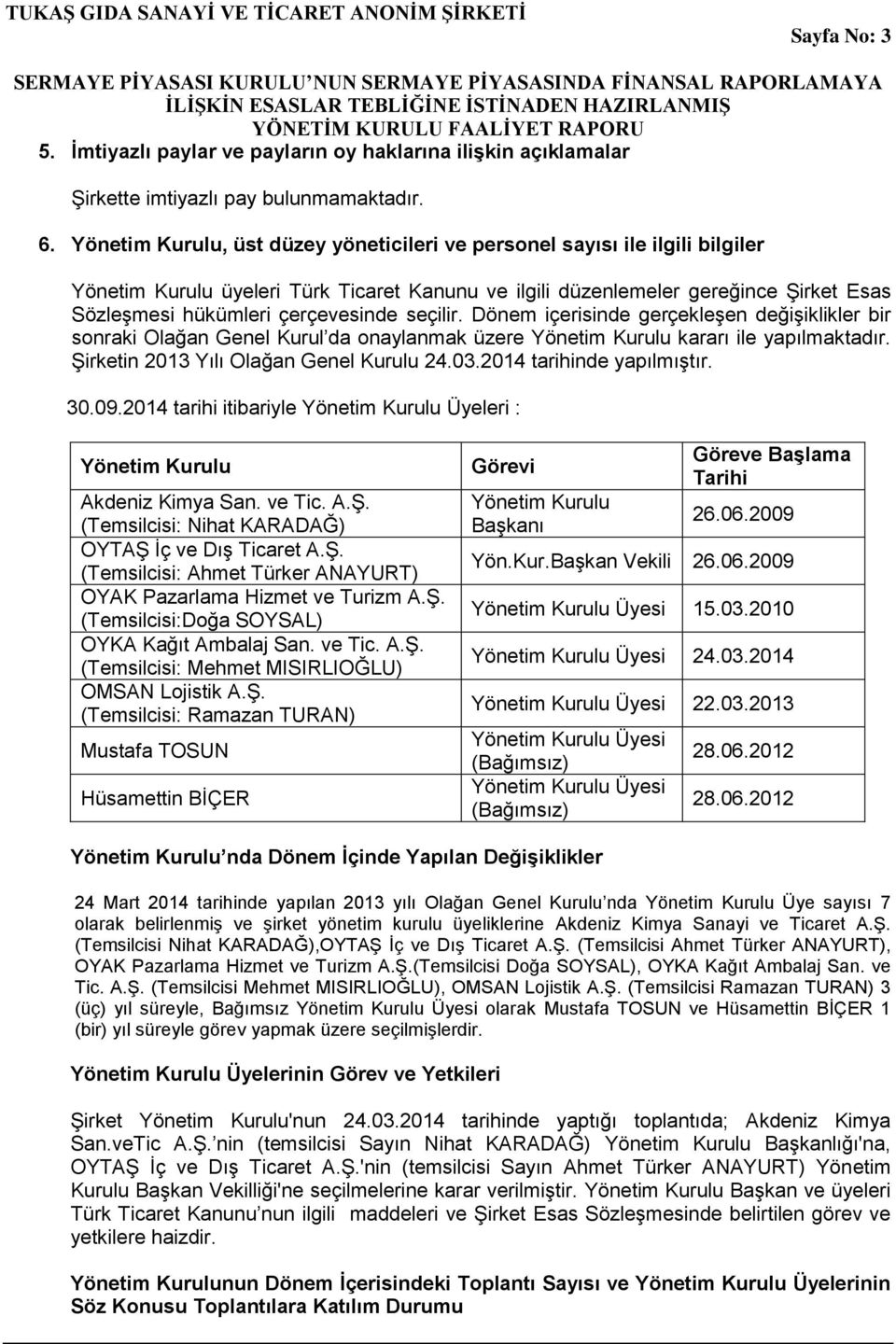 seçilir. Dönem içerisinde gerçekleşen değişiklikler bir sonraki Olağan Genel Kurul da onaylanmak üzere Yönetim Kurulu kararı ile yapılmaktadır. Şirketin 2013 Yılı Olağan Genel Kurulu 24.03.