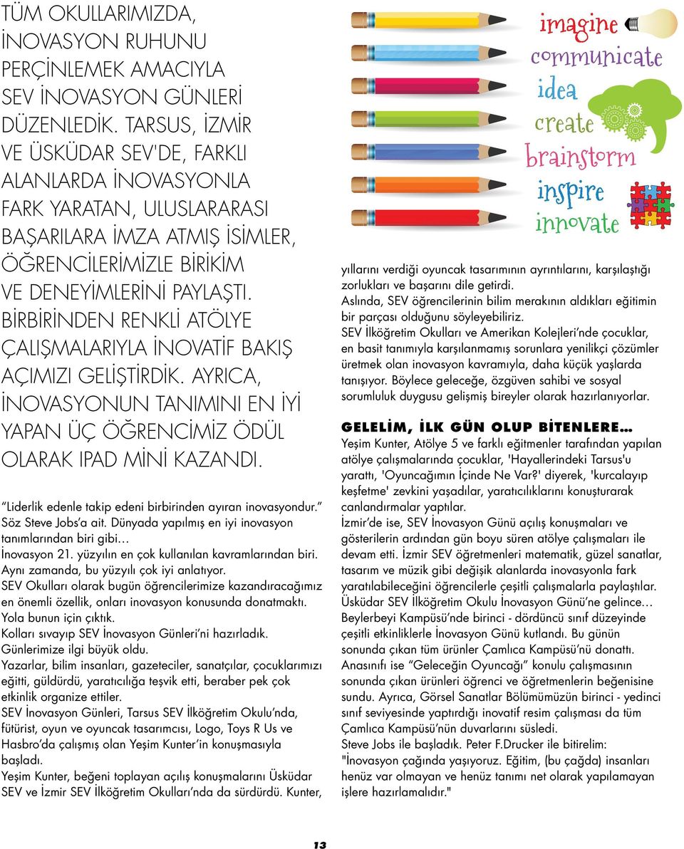 Bİrbİrİnden renkli aölye çalışmalarıyla İnovaİf bakış açımızı gelişirdik. ayrıca, İnovasyonun anımını en İyİ YApan ç öğrencimiz ödl olarak Ipad MİNİ kazandı.