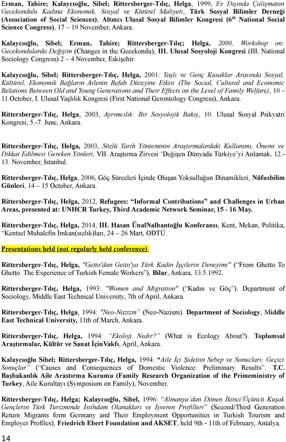 Kalaycıoğlu, Sibel; Erman, Tahire; Rittersberger-Tılıç; Helga, 2000, Workshop on: Gecekondularda Değişim (Changes in the Gecekondu), III. Ulusal Sosyoloji Kongresi (III.