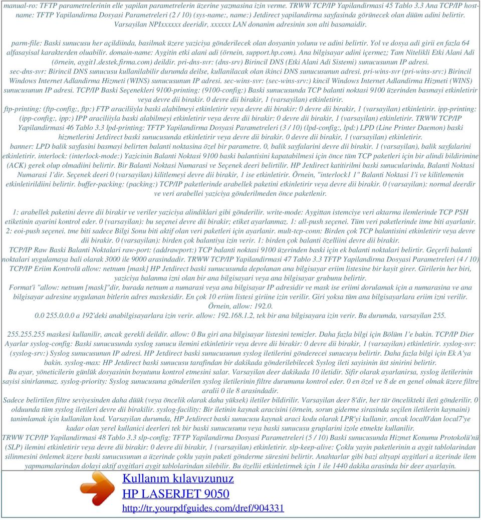 Varsayilan NPIxxxxxx deeridir, xxxxxx LAN donanim adresinin son alti basamaidir. parm-file: Baski sunucusu her açildiinda, basilmak üzere yaziciya gönderilecek olan dosyanin yolunu ve adini belirtir.