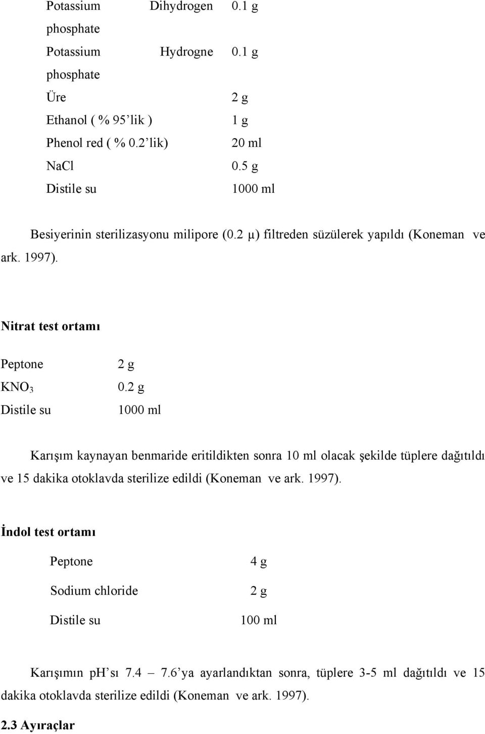 2 g 1000 ml Karışım kaynayan benmaride eritildikten sonra 10 ml olacak şekilde tüplere dağıtıldı ve 15 dakika otoklavda sterilize edildi (Koneman ve ark. 1997).