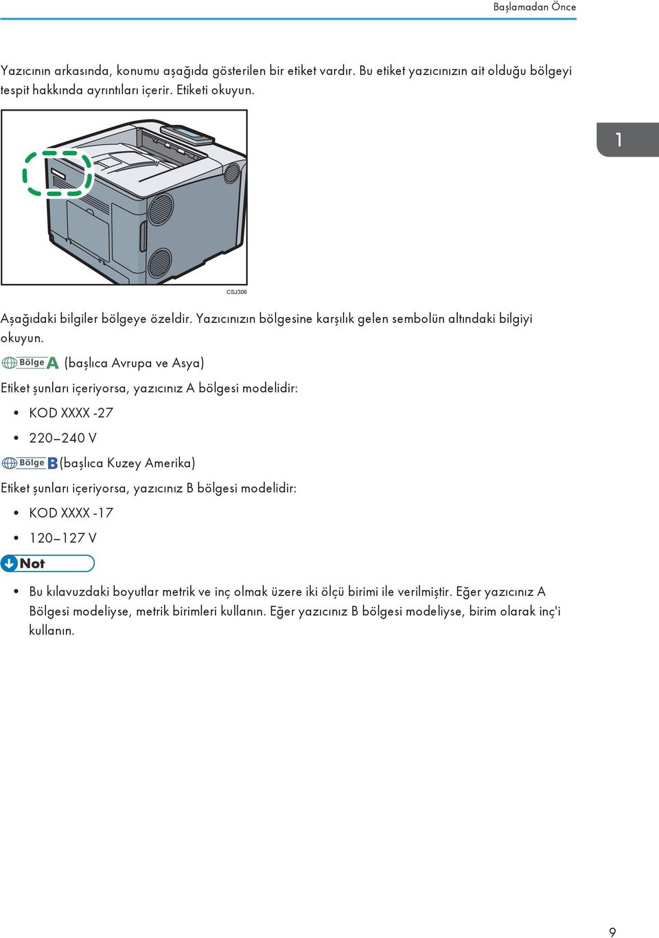 (başlıca Avrupa ve Asya) Etiket şunları içeriyorsa, yazıcınız A bölgesi modelidir: KOD XXXX -27 220 240 V (başlıca Kuzey Amerika) Etiket şunları içeriyorsa, yazıcınız B bölgesi