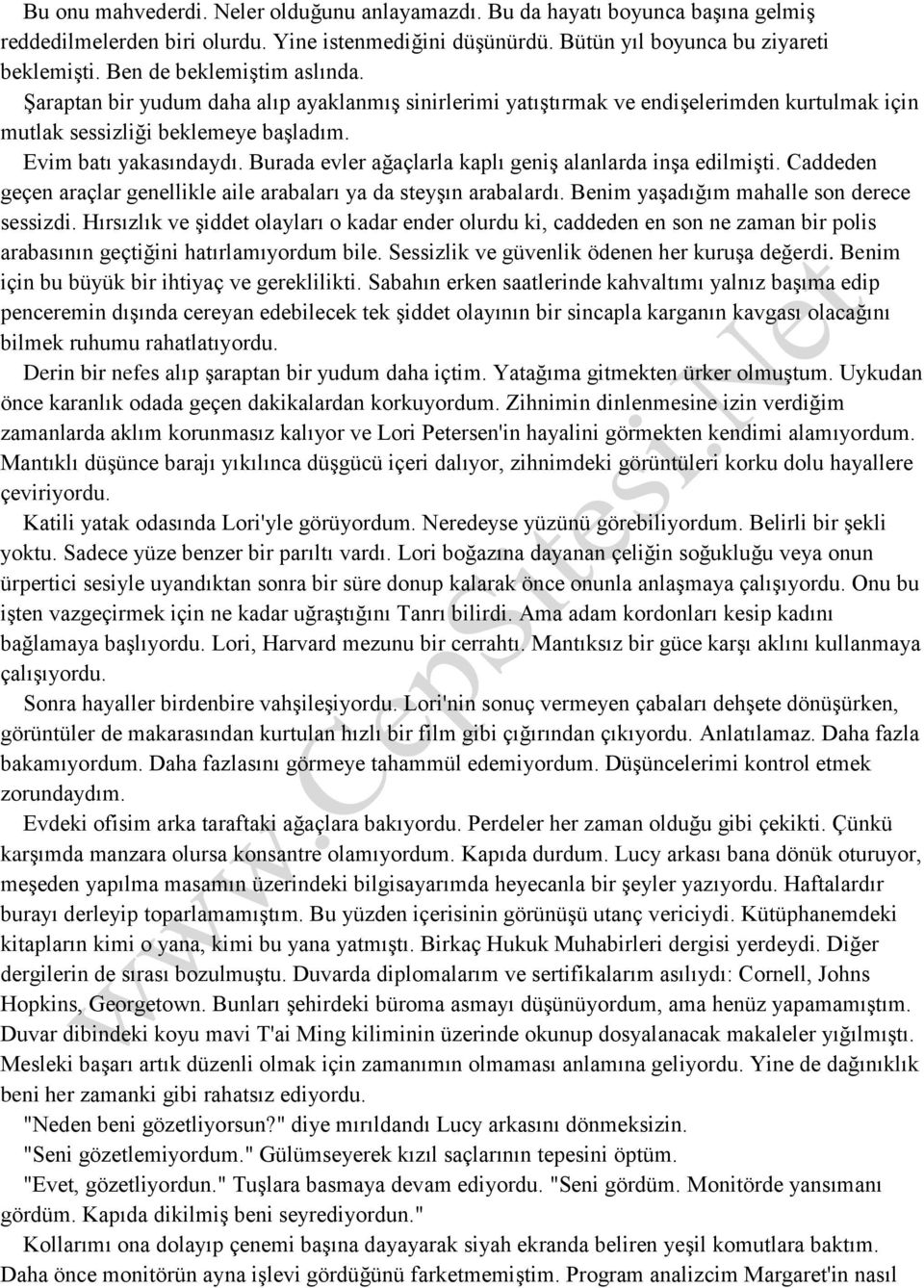 Burada evler ağaçlarla kaplı geniş alanlarda inşa edilmişti. Caddeden geçen araçlar genellikle aile arabaları ya da steyşın arabalardı. Benim yaşadığım mahalle son derece sessizdi.