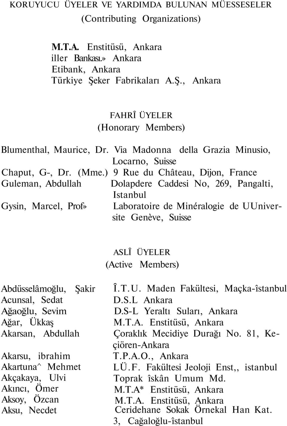 ) 9 Rue du Château, Dijon, France Guleman, Abdullah Dolapdere Caddesi No, 269, Pangalti, Istanbul Gysin, Marcel, Prof» Laboratoire de Minéralogie de UUniversite Genève, Suisse ASLÎ ÜYELER (Active