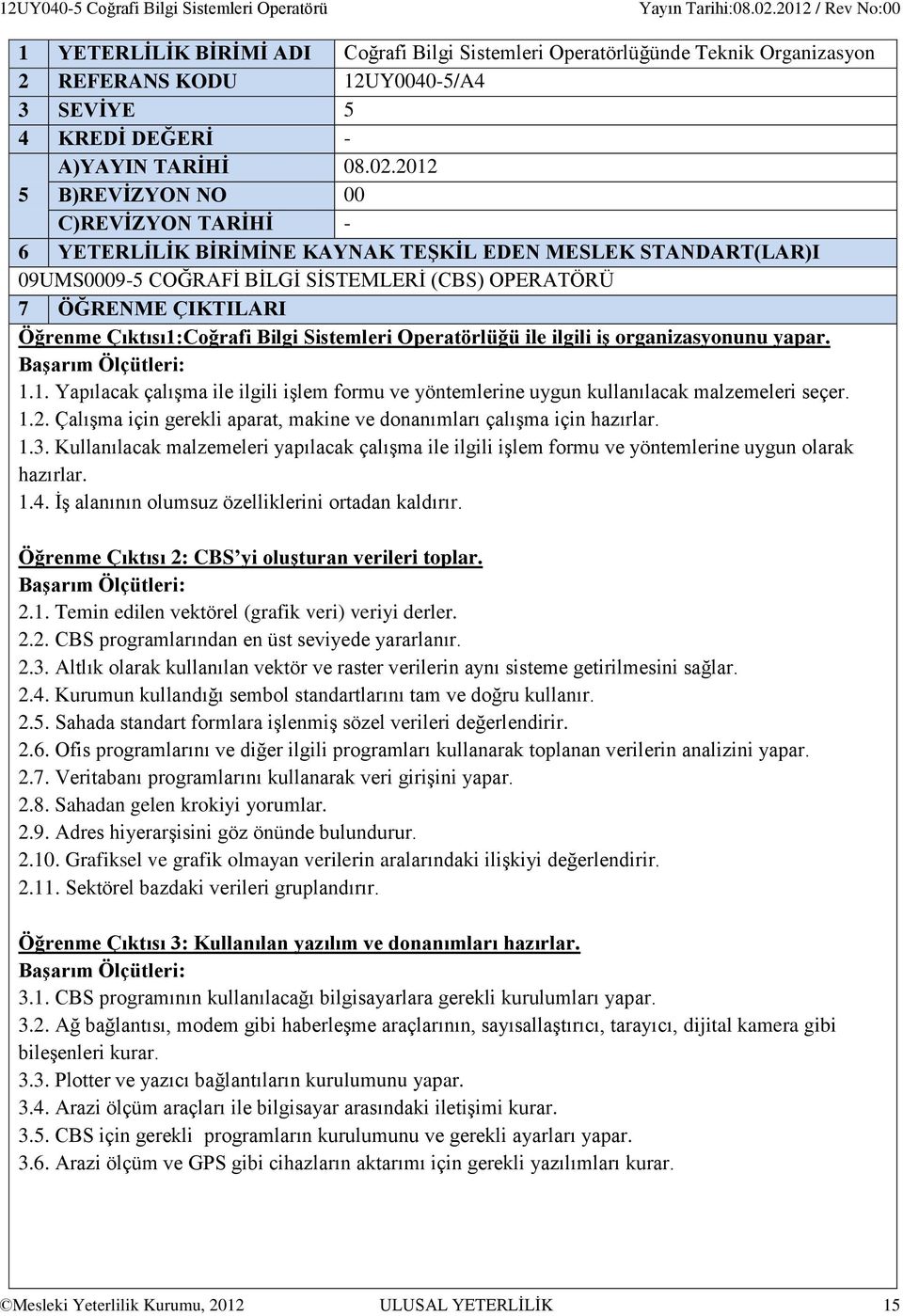 Çıktısı1:Coğrafi Bilgi Sistemleri Operatörlüğü ile ilgili iş organizasyonunu yapar. 1.1. Yapılacak çalışma ile ilgili işlem formu ve yöntemlerine uygun kullanılacak malzemeleri seçer. 1.2.