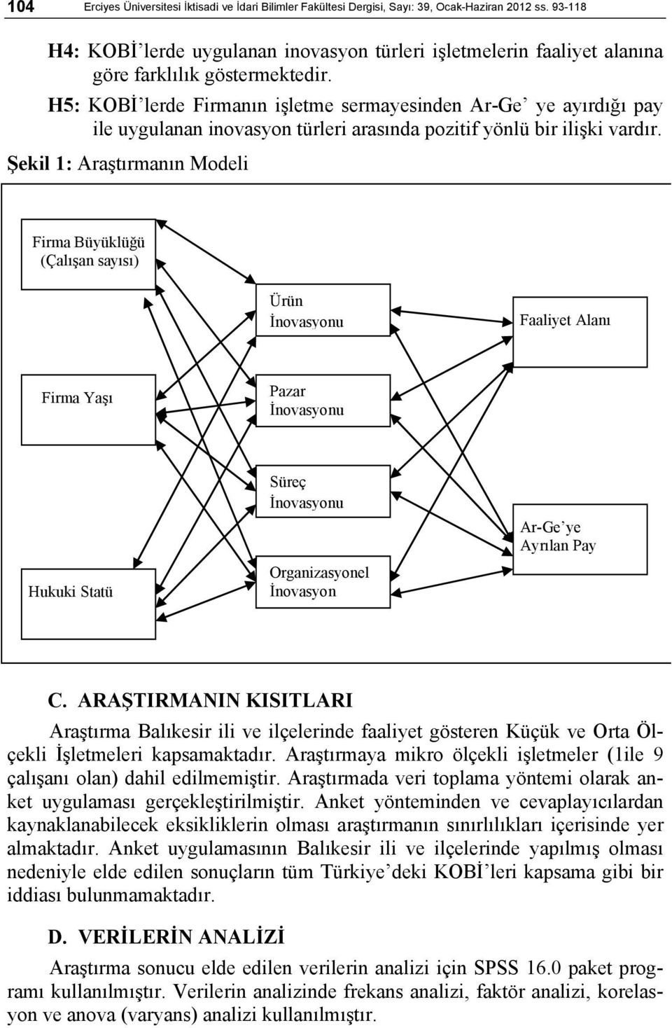 H5: KOBİ lerde Firmanın işletme sermayesinden Ar-Ge ye ayırdığı pay ile uygulanan inovasyon türleri arasında pozitif yönlü bir ilişki vardır.