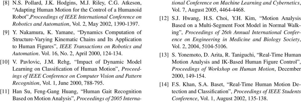 6, No., April 000, 4-34. [0] V. Pavlovic, J.M. Rehg, Impact of Dynamic Model Learning on Classification of Human Motion, Proceedings of IEEE Conference on Computer Vision and Pattern Recognition, Vol.
