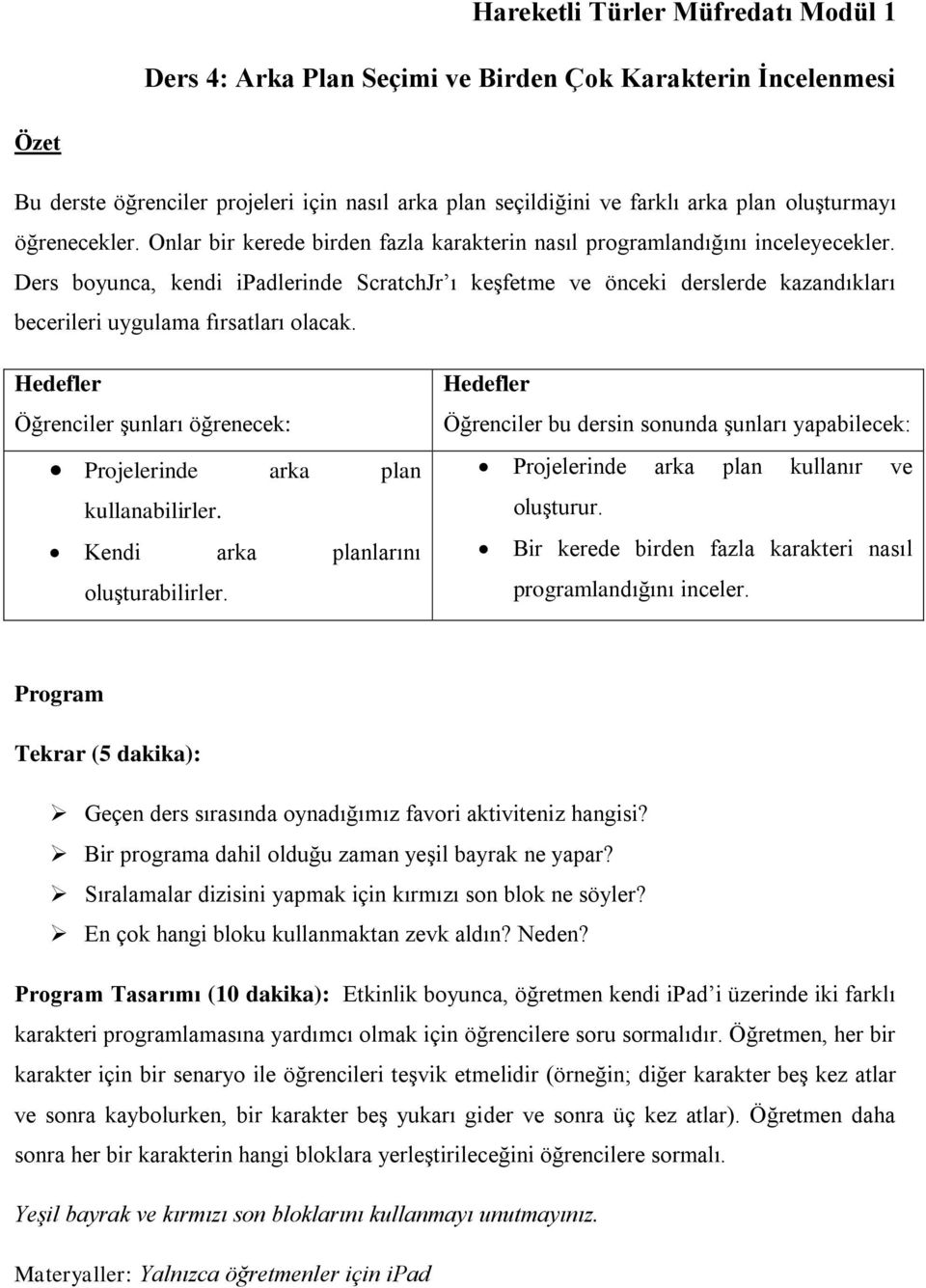 Ders boyunca, kendi ipadlerinde ScratchJr ı keşfetme ve önceki derslerde kazandıkları becerileri uygulama fırsatları olacak. Öğrenciler şunları öğrenecek: Projelerinde arka plan kullanabilirler.