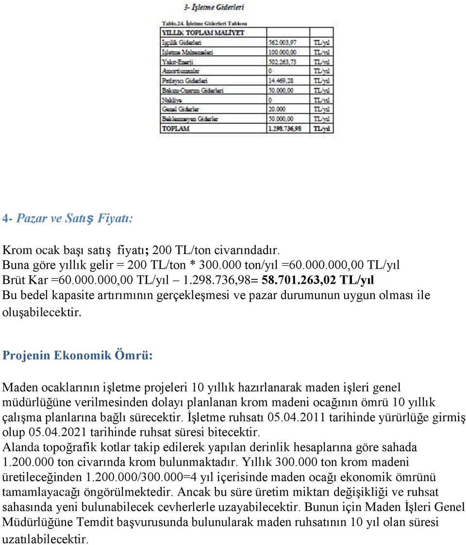 Projenin Ekonomik Ömrü: Maden ocaklarının işletme projeleri 10 yıllık hazırlanarak maden işleri genel müdürlüğüne verilmesinden dolayı planlanan krom madeni ocağının ömrü 10 yıllık çalışma planlarına