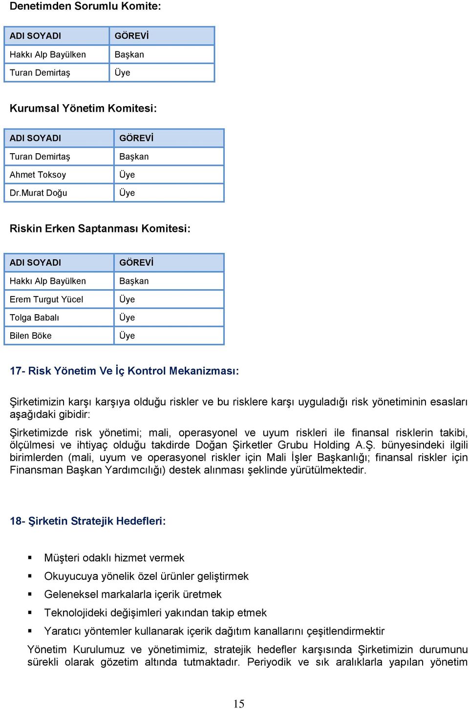 Mekanizması: Şirketimizin karşı karşıya olduğu riskler ve bu risklere karşı uyguladığı risk yönetiminin esasları aşağıdaki gibidir: Şirketimizde risk yönetimi; mali, operasyonel ve uyum riskleri ile