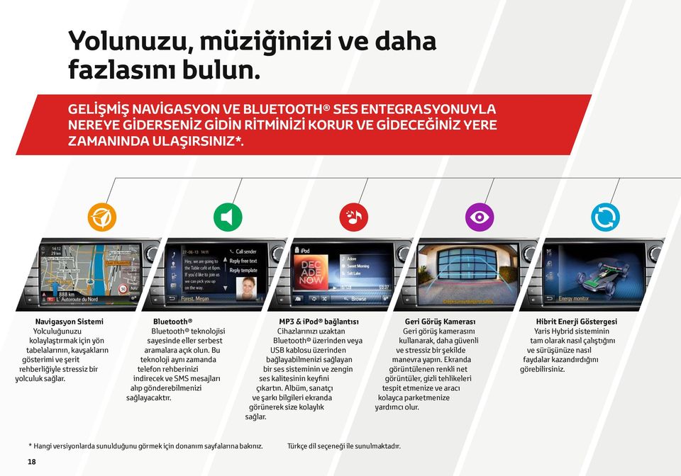 Bluetooth Bluetooth teknolojisi sayesinde eller serbest aramalara açık olun. Bu teknoloji aynı zamanda telefon rehberinizi indirecek ve SMS mesajları alıp gönderebilmenizi sağlayacaktır.