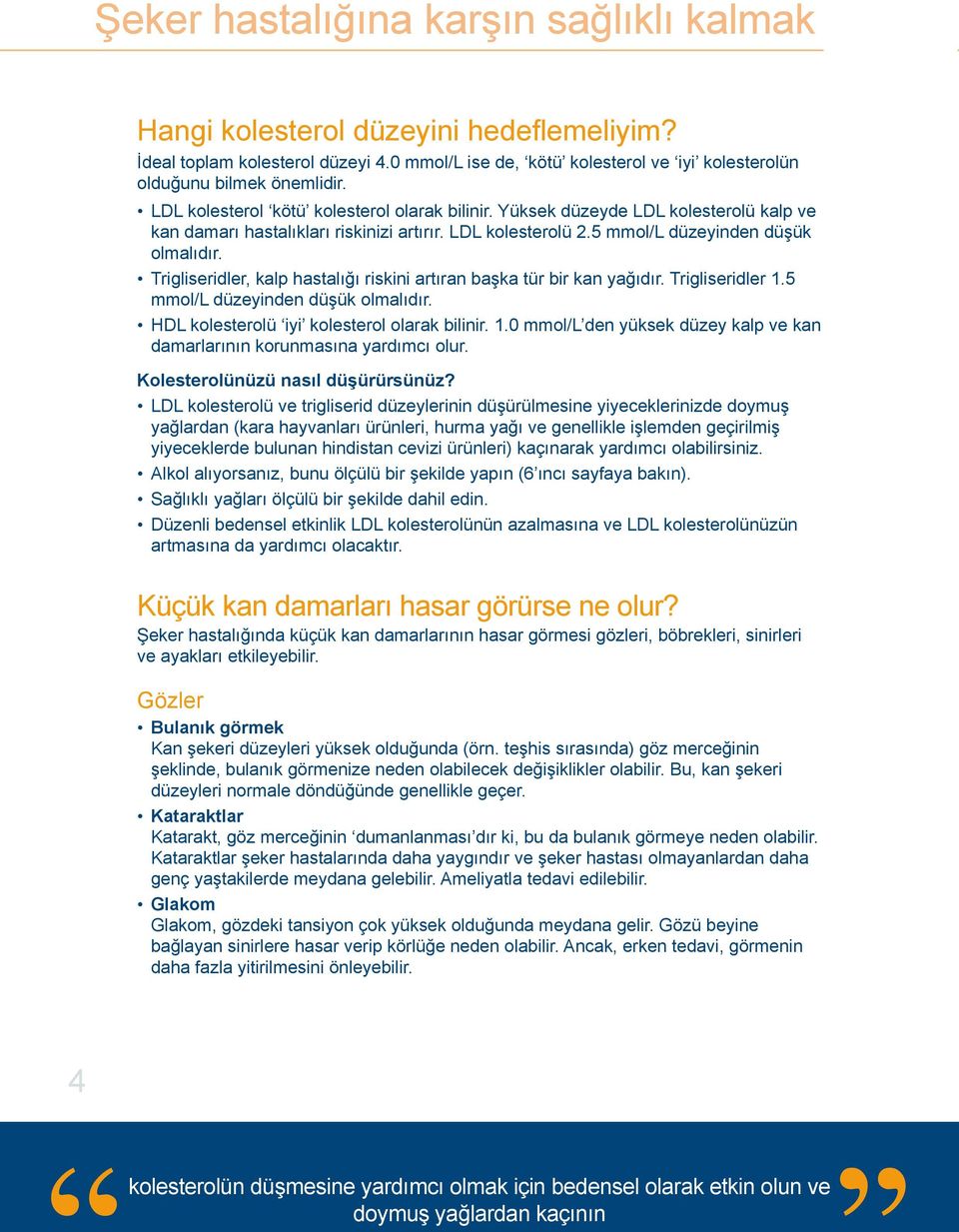 Trigliseridler, kalp hastalığı riskini artıran başka tür bir kan yağıdır. Trigliseridler 1.5 mmol/l düzeyinden düşük olmalıdır. HDL kolesterolü iyi kolesterol olarak bilinir. 1.0 mmol/l den yüksek düzey kalp ve kan damarlarının korunmasına yardımcı olur.