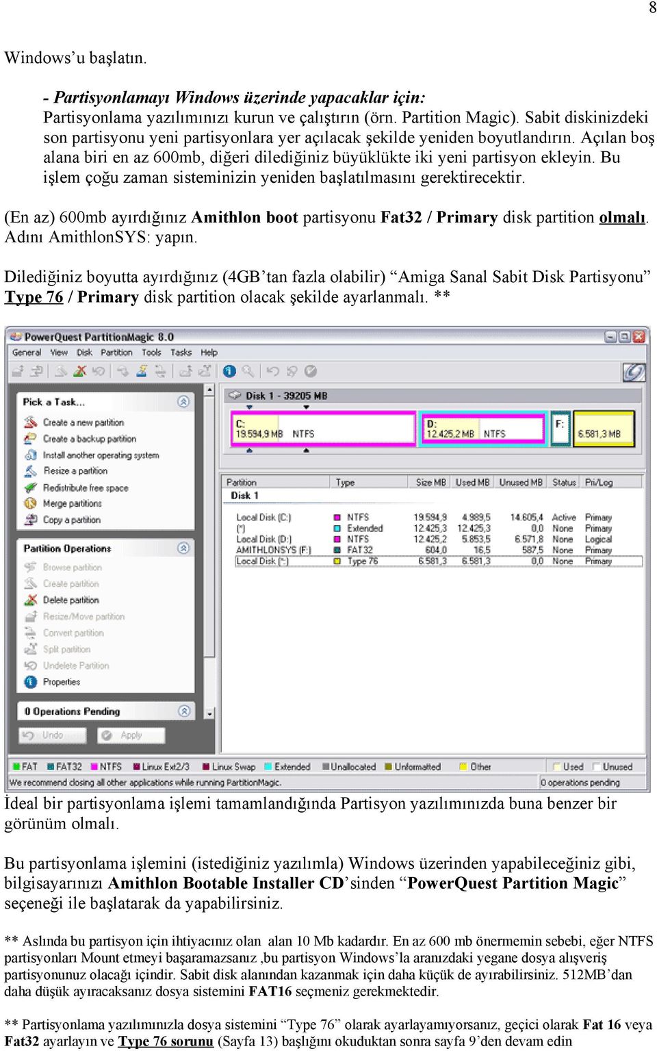 Bu işlem çoğu zaman sisteminizin yeniden başlatılmasını gerektirecektir. (En az) 600mb ayırdığınız Amithlon boot partisyonu Fat32 / Primary disk partition olmalı. Adını AmithlonSYS: yapın.