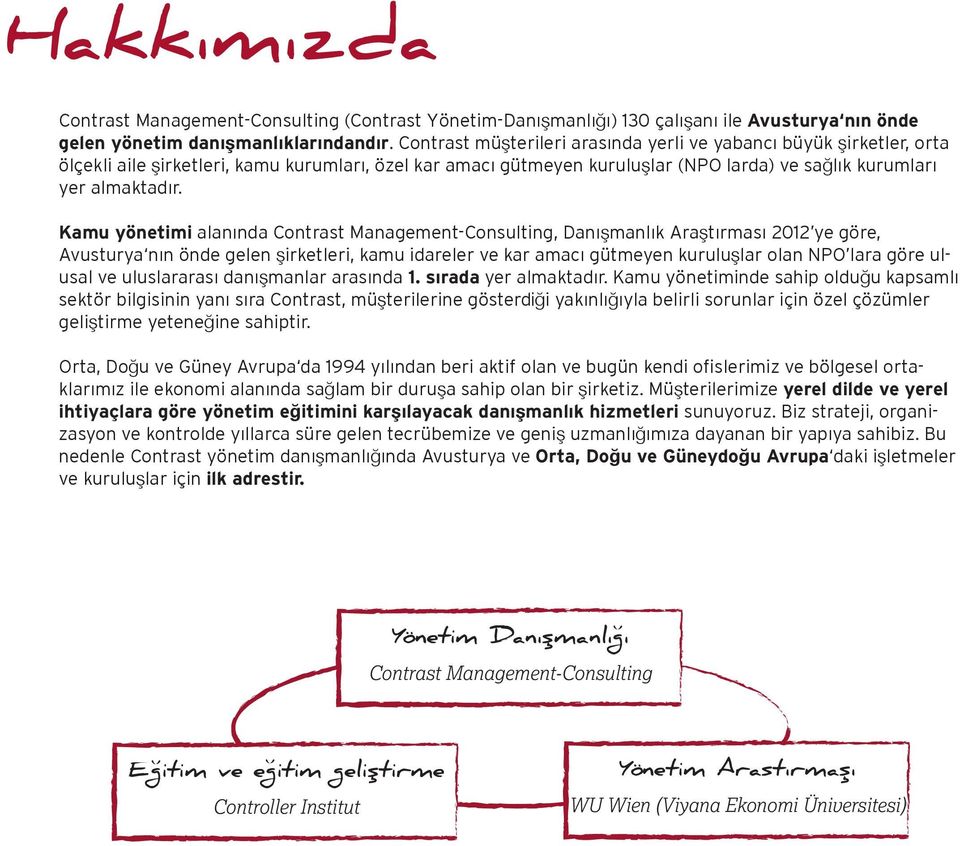 Kamu yönetimi alanında Contrast Management-Consulting, Danışmanlık Araştırması 2012 ye göre, Avusturya nın önde gelen şirketleri, kamu idareler ve kar amacı gütmeyen kuruluşlar olan NPO lara göre