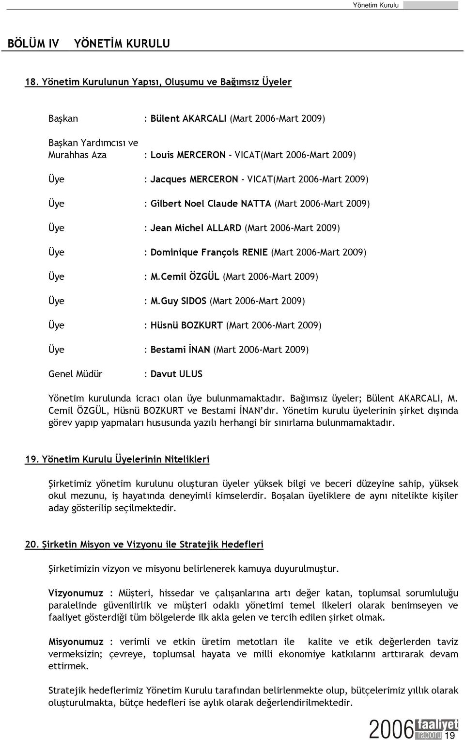 MERCERON - VICAT(Mart 2006-Mart 2009) Üye : Gilbert Noel Claude NATTA (Mart 2006-Mart 2009) Üye : Jean Michel ALLARD (Mart 2006-Mart 2009) Üye : Dominique François RENIE (Mart 2006-Mart 2009) Üye : M.