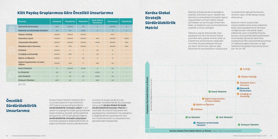 kanunlara uyum, rekabet dışı davranış ve yolsuzlukla mücadele; İşgücü Uygulamaları ve İnsan Hakları başlığı altındakiler ise ayrımcılığın önlenmesi, kadın ve erkeklerin eşit ücretlendirilmesi,