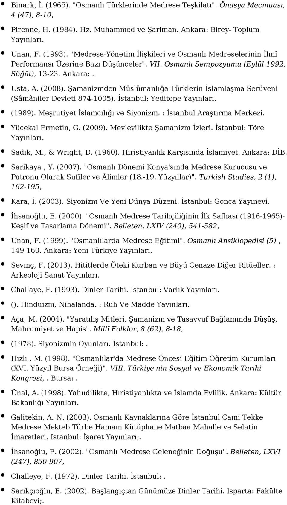 Şamanizmden Müslümanlığa Türklerin İslamlaşma Serüveni (Sâmâniler Devleti 874-1005). İstanbul: Yeditepe (1989). Meşrutiyet İslamcılığı ve Siyonizm. : İstanbul Araştırma Merkezi. Yücekal Ermetin, G.