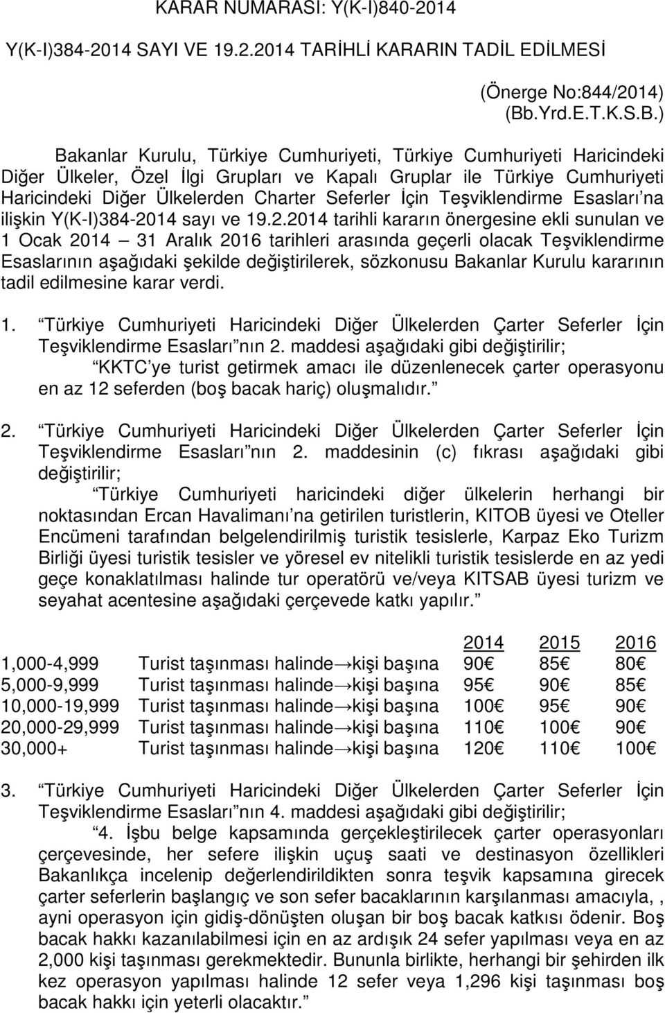 ) Bakanlar Kurulu, Türkiye Cumhuriyeti, Türkiye Cumhuriyeti Haricindeki Diğer Ülkeler, Özel İlgi Grupları ve Kapalı Gruplar ile Türkiye Cumhuriyeti Haricindeki Diğer Ülkelerden Charter Seferler İçin