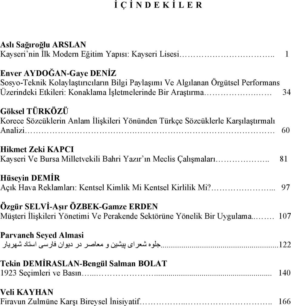 34 Göksel TÜRKÖZÜ Korece Sözcüklerin Anlam İlişkileri Yönünden Türkçe Sözcüklerle Karşılaştırmalı Analizi. 60 Hikmet Zeki KAPCI Kayseri Ve Bursa Milletvekili Bahri Yazır ın Meclis Çalışmaları.