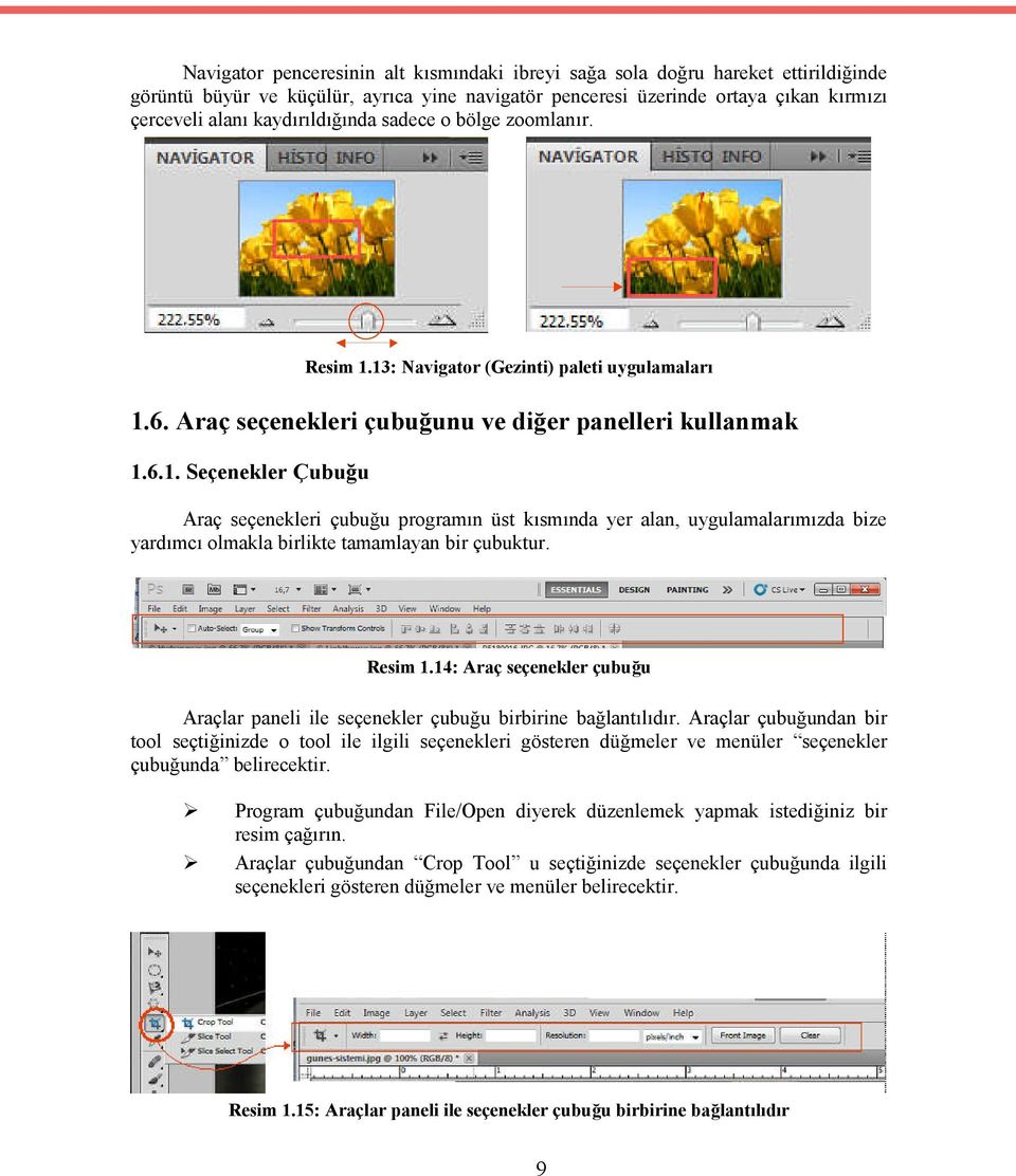 Resim 1.14: Araç seçenekler çubuğu Araçlar paneli ile seçenekler çubuğu birbirine bağlantılıdır.