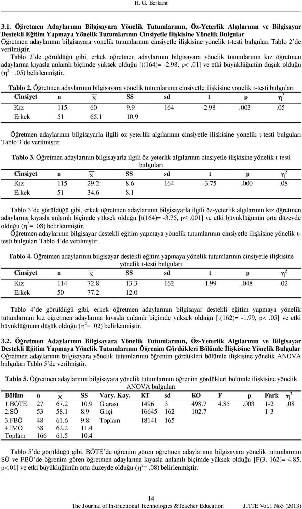 bilgisayara yönelik tutumlarının cinsiyetle ilişkisine yönelik t-testi bulguları Tablo 2 de verilmiştir.