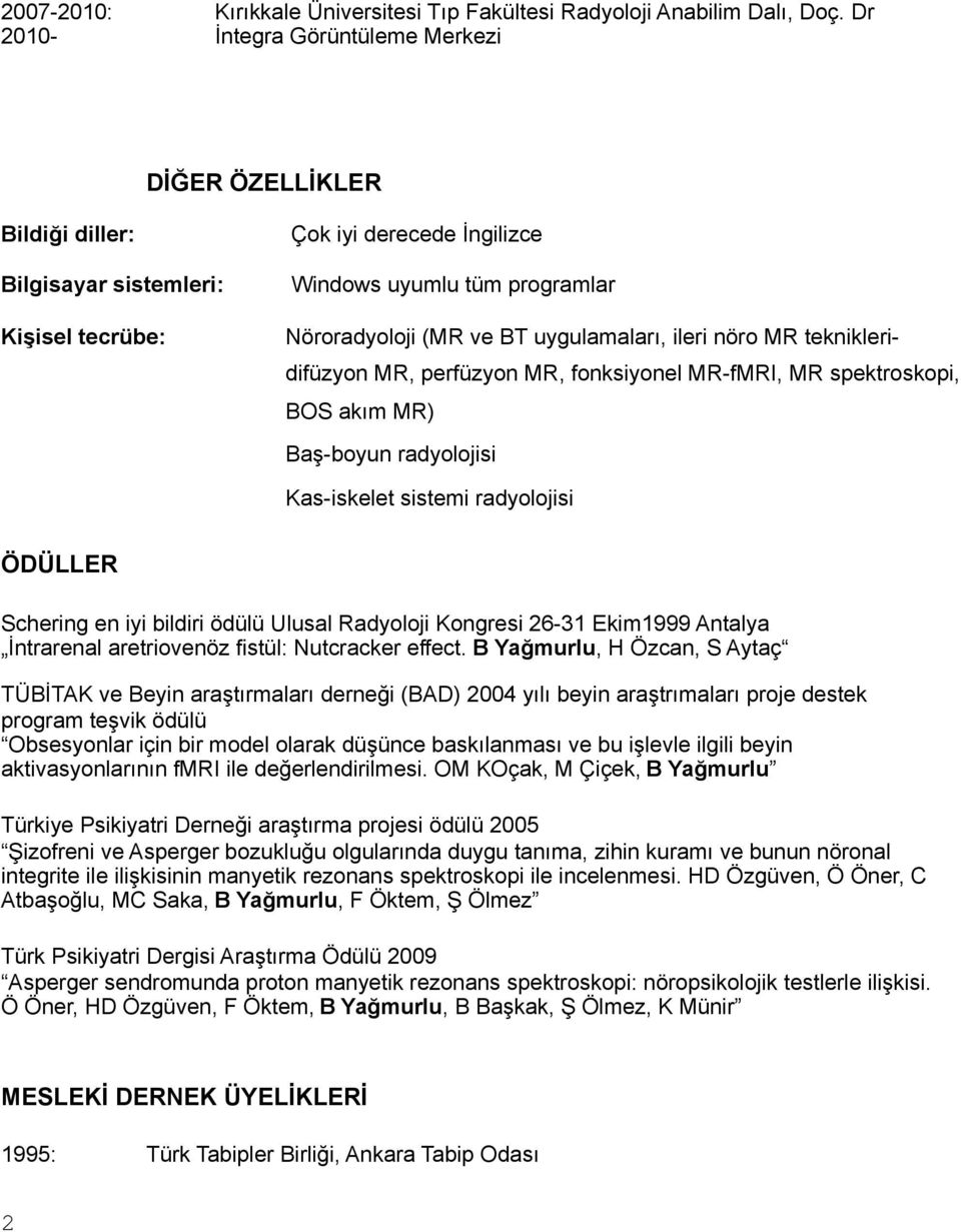 uygulamaları, ileri nöro MR teknikleridifüzyon MR, perfüzyon MR, fonksiyonel MR-fMRI, MR spektroskopi, BOS akım MR) Baş-boyun radyolojisi Kas-iskelet sistemi radyolojisi ÖDÜLLER Schering en iyi