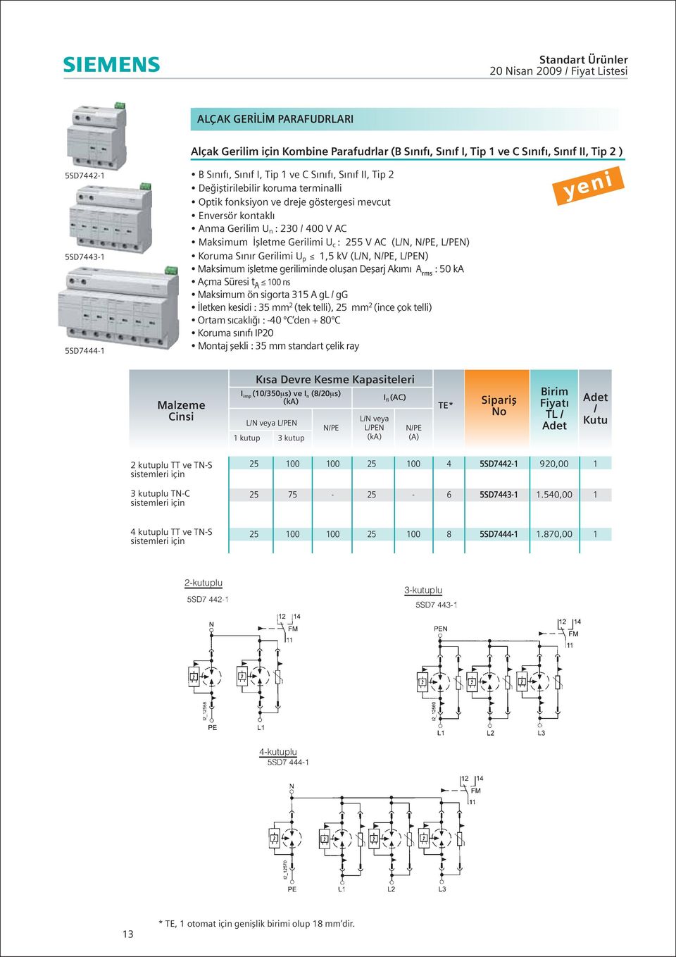 Gerilimi U p,5 kv (LN, NPE, LPEN) Maksimum işletme geriliminde oluşan Deşarj Akımı A rms : ka Açma Süresi t A 00 ns Maksimum ön sigorta 5 A gl gg İletken kesidi : 5 mm 2 (tek telli), mm 2 (ince çok