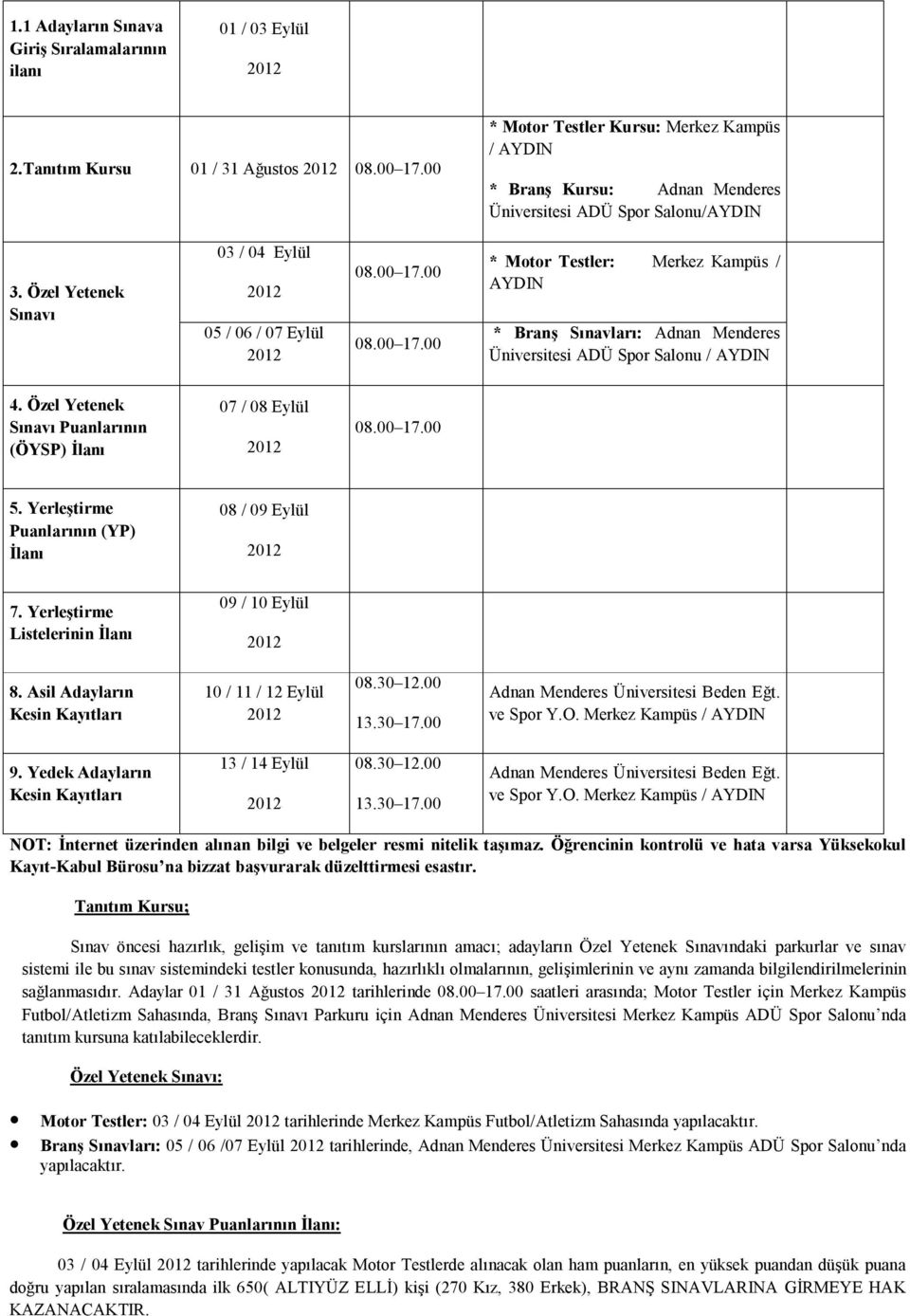 00 08.00 17.00 * Motor Testler: Merkez Kampüs / AYDIN * Branş Sınavları: Adnan Menderes Üniversitesi ADÜ Spor Salonu / AYDIN 4. Özel Yetenek Sınavı Puanlarının (ÖYSP) İlanı 07 / 08 Eylül 08.00 17.00 5.