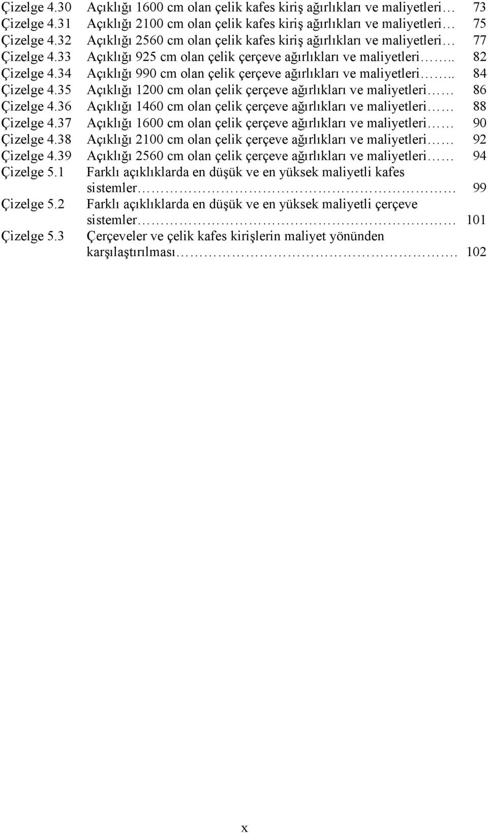 34 Açıklığı 990 cm olan çelik çerçeve ağırlıkları ve maliyetleri.. 84 Çizelge 4.35 Açıklığı 1200 cm olan çelik çerçeve ağırlıkları ve maliyetleri 86 Çizelge 4.