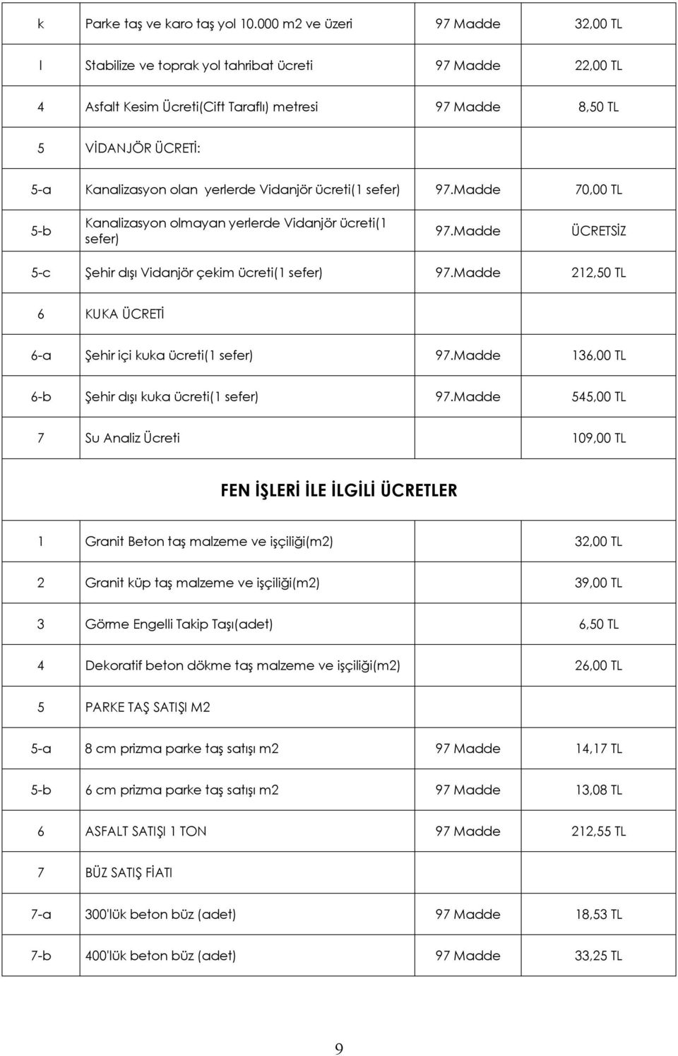 yerlerde Vidanjör ücreti(1 sefer) 70,00 TL 5-b Kanalizasyon olmayan yerlerde Vidanjör ücreti(1 sefer) ÜCRETSİZ 5-c Şehir dışı Vidanjör çekim ücreti(1 sefer) 212,50 TL 6 KUKA ÜCRETİ 6-a Şehir içi kuka