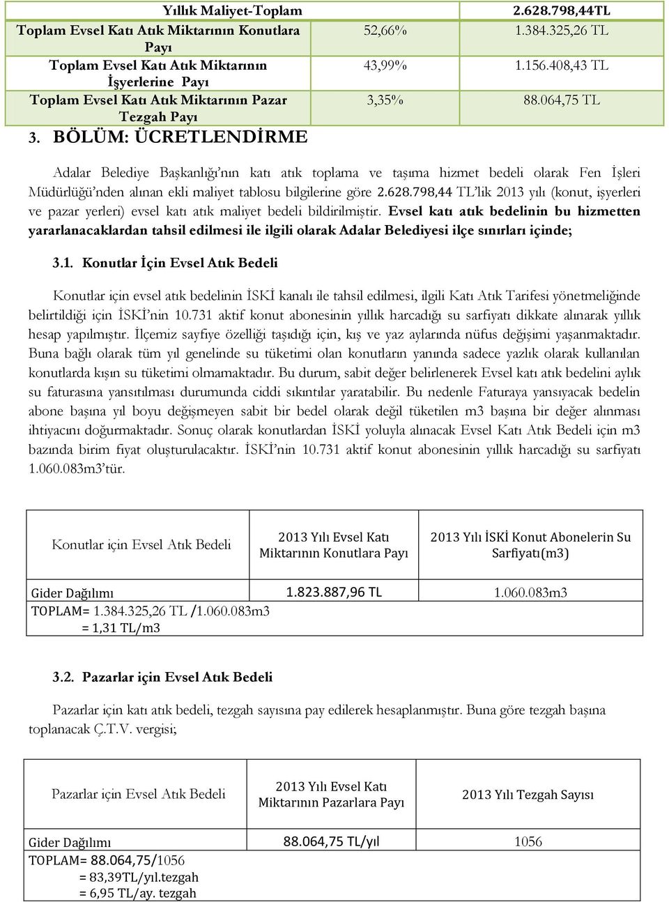 064,75 TL Adalar Belediye Başkanlığı nın katı atık toplama ve taşıma hizmet bedeli olarak Fen İşleri Müdürlüğü nden alınan ekli maliyet tablosu bilgilerine göre 2.628.