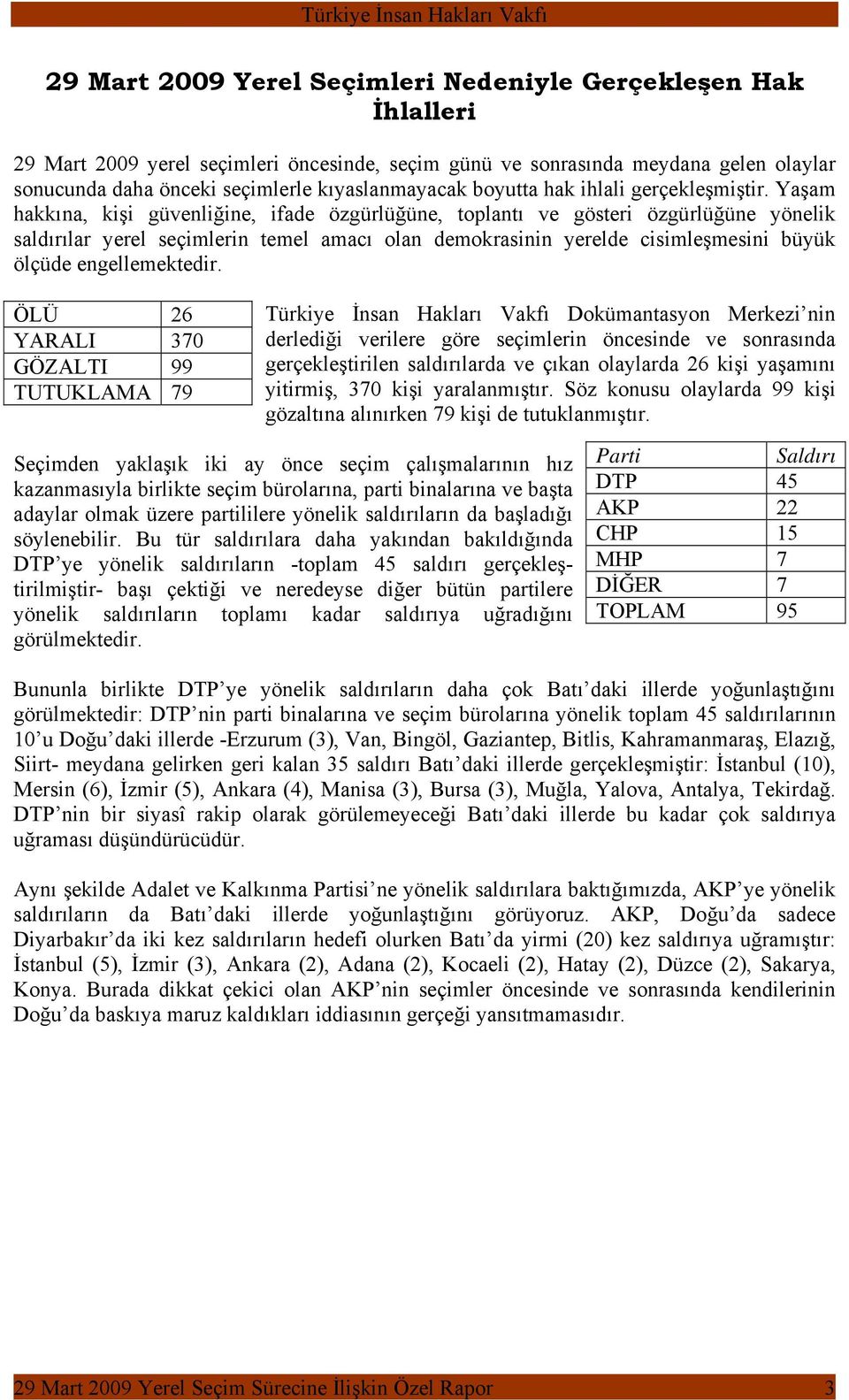 Yaşam hakkına, kişi güvenliğine, ifade özgürlüğüne, toplantı ve gösteri özgürlüğüne yönelik saldırılar yerel seçimlerin temel amacı olan demokrasinin yerelde cisimleşmesini büyük ölçüde