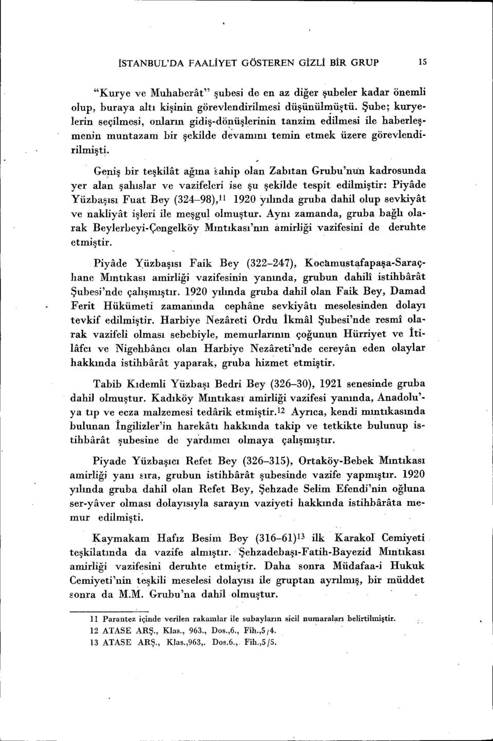 Geniş bir teşkilat ağına kahip olan Zabıtan Grubu'nlin kadrosunda yer alan şahıslar ve vazifeleri ise şu şekilde tespit edilmiştir: Piyade Yüzbaşısı Fuat Bey (324-98),11 1920 yılında gruba dahil olup