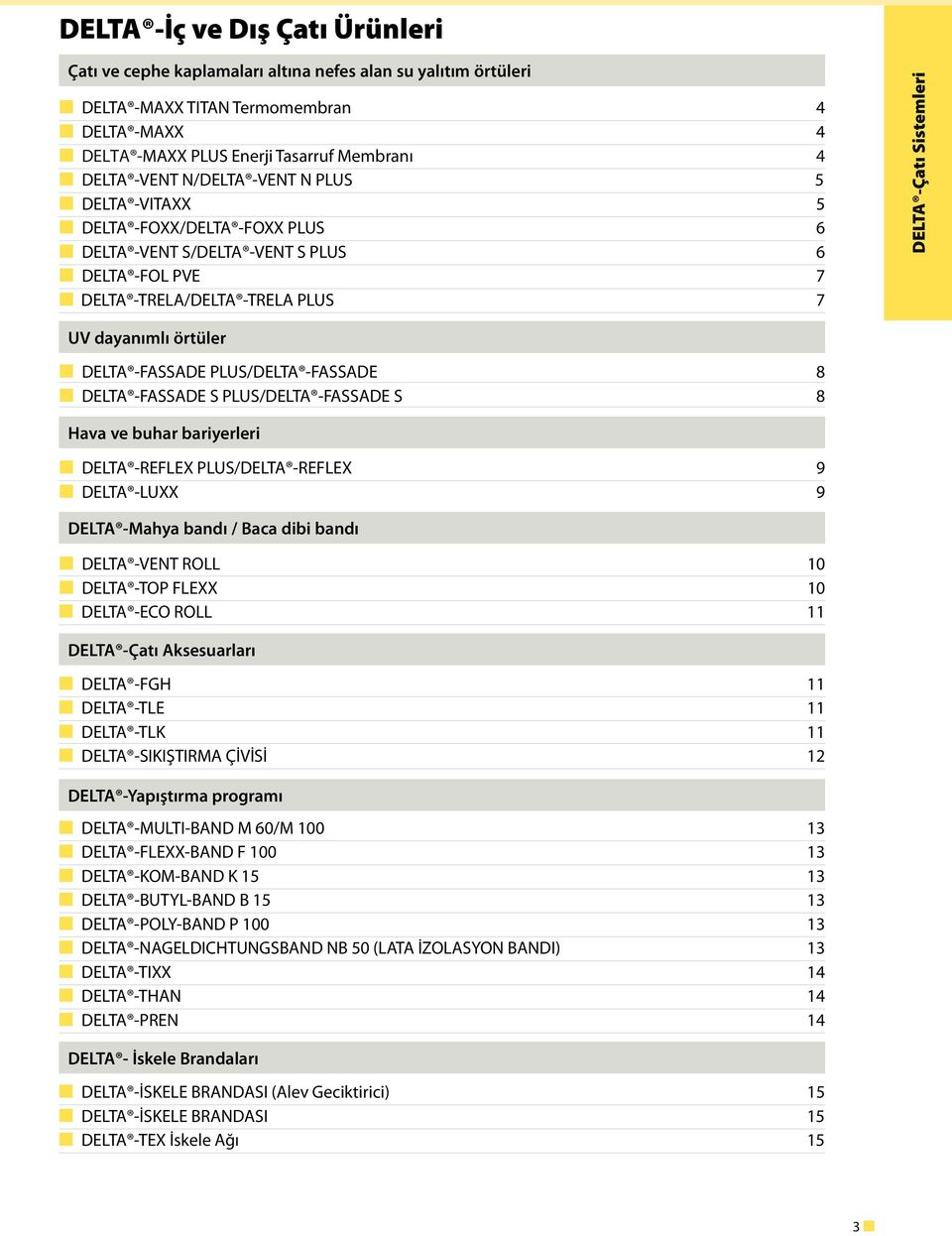 DELTA -FASSADE PLUS/DELTA -FASSADE 8 DELTA -FASSADE S PLUS/DELTA -FASSADE S 8 Hava ve buhar bariyerleri DELTA -REFLEX PLUS/DELTA -REFLEX 9 DELTA -LUXX 9 DELTA -Mahya bandı / Baca dibi bandı DELTA