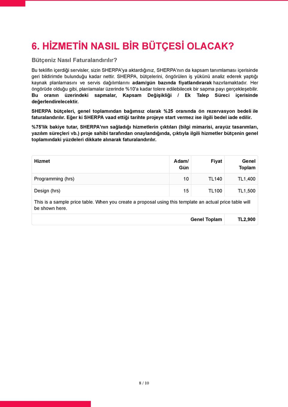 SHERPA, bütçelerini, öngörülen iş yükünü analiz ederek yaptığı kaynak planlamasını ve servis dağılımlarını adam/gün bazında fiyatlandırarak hazırlamaktadır.