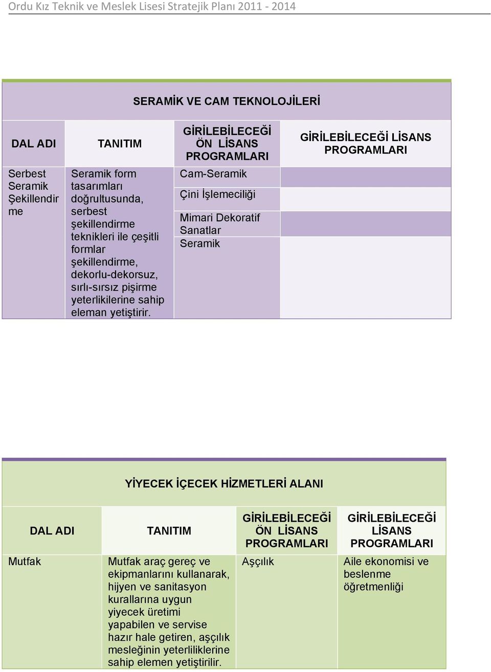 Cam-Seramik Çini İşlemeciliği Mimari Dekratif Sanatlar Seramik YİYECEK İÇECEK HİZMETLERİ ALANI DAL ADI TANITIM GİRİLEBİLECEĞİ ÖN LİSANS PROGRAMLARI GİRİLEBİLECEĞİ LİSANS PROGRAMLARI Mutfak