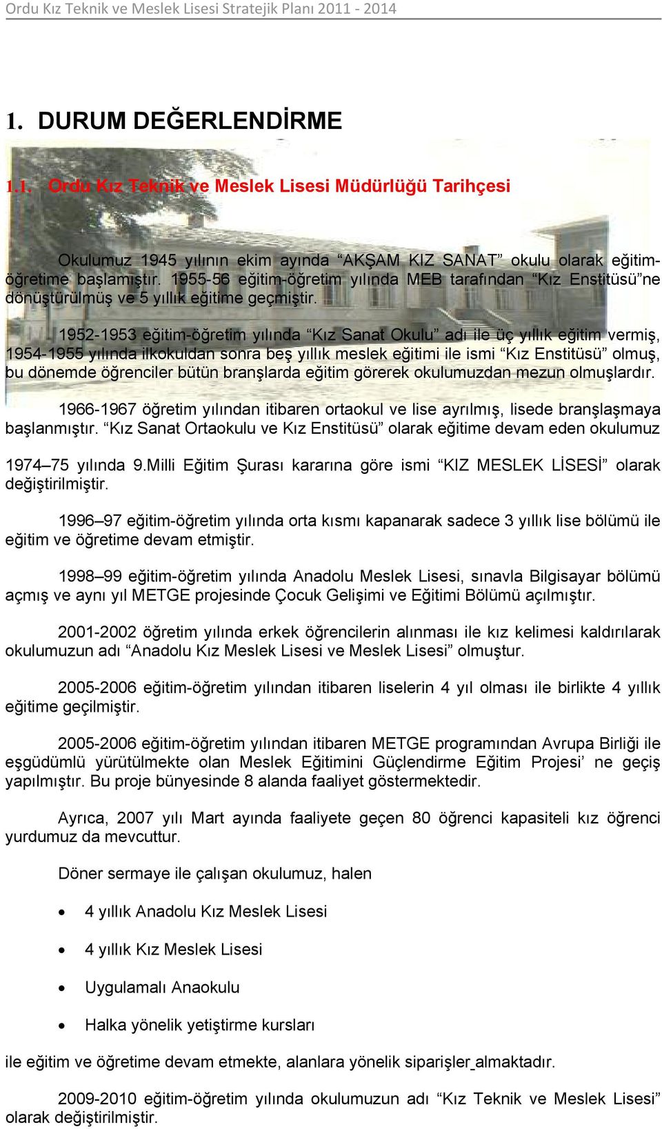 1952-1953 eğitim-öğretim yılında Kız Sanat Okulu adı ile üç yıllık eğitim vermiş, 1954-1955 yılında ilkkuldan snra beş yıllık meslek eğitimi ile ismi Kız Enstitüsü lmuş, bu dönemde öğrenciler bütün