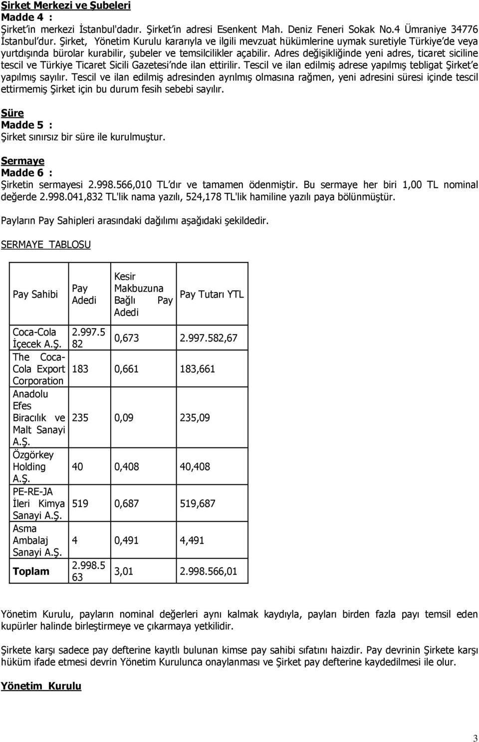 Adres değişikliğinde yeni adres, ticaret siciline tescil ve Türkiye Ticaret Sicili Gazetesi nde ilan ettirilir. Tescil ve ilan edilmiş adrese yapılmış tebligat Şirket e yapılmış sayılır.