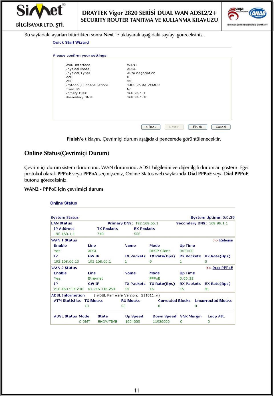 Online Status(Çevrimiçi Durum) Çevrim içi durum sistem durumunu, WAN durumunu, ADSL bilgilerini ve diğer ilgili