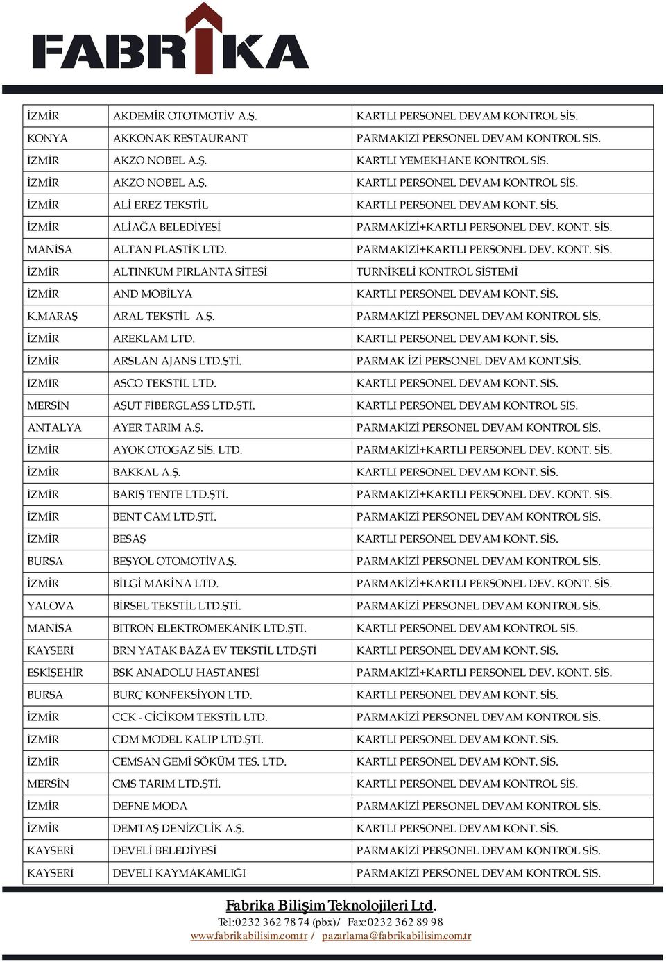 SİS. K.MARAŞ ARAL TEKSTİL A.Ş. PARMAKİZİ PERSONEL DEVAM KONTROL SİS. İZMİR AREKLAM LTD. KARTLI PERSONEL DEVAM KONT. SİS. İZMİR ARSLAN AJANS LTD.ŞTİ. PARMAK İZİ PERSONEL DEVAM KONT.SİS. İZMİR ASCO TEKSTİL LTD.