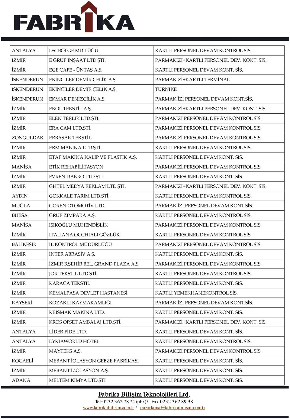 KONT. SİS. İZMİR ELEN TERLİK LTD.ŞTİ. PARMAKİZİ PERSONEL DEVAM KONTROL SİS. İZMİR ERA CAM LTD.ŞTİ. PARMAKİZİ PERSONEL DEVAM KONTROL SİS. ZONGULDAK ERBAŞAK TEKSTİL PARMAKİZİ PERSONEL DEVAM KONTROL SİS.