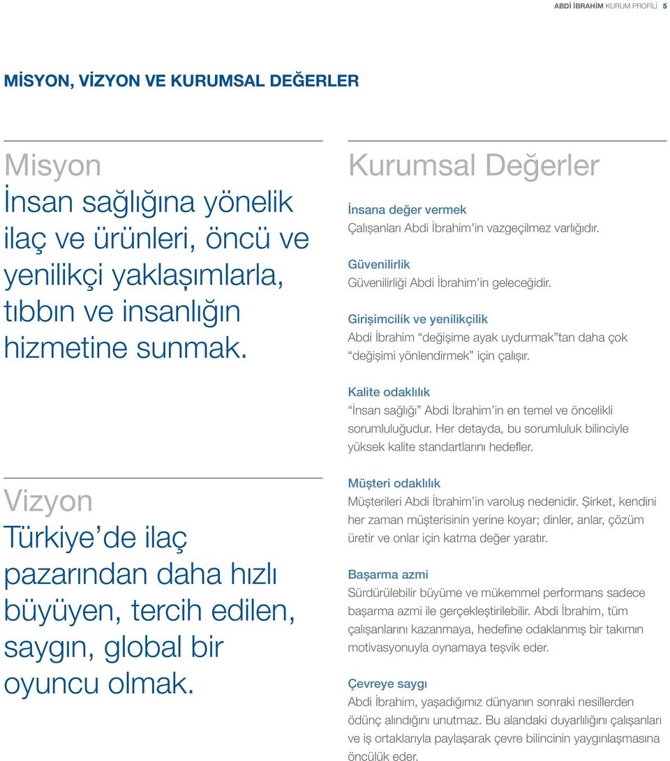 Girişimcilik ve yenilikçilik Abdi İbrahim değişime ayak uydurmak tan daha çok değişimi yönlendirmek için çalışır. Kalite odaklılık İnsan sağlığı Abdi İbrahim in en temel ve öncelikli sorumluluğudur.