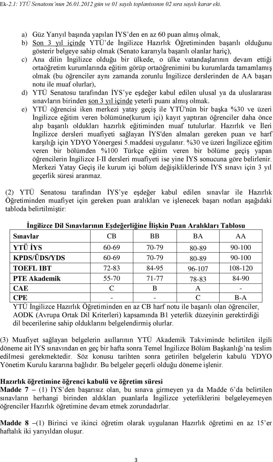 zamanda zorunlu İngilizce derslerinden de AA başarı notu ile muaf olurlar), d) YTÜ Senatosu tarafından İYS ye eşdeğer kabul edilen ulusal ya da uluslararası sınavların birinden son 3 yıl içinde