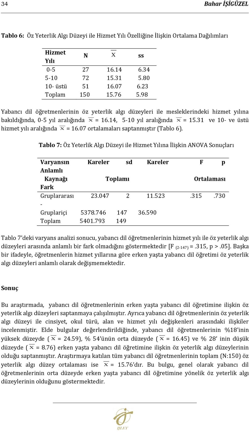 31 ve 10- ve üstü hizmet yılı aralığında = 16.07 ortalamaları saptanmıştır (Tablo 6).