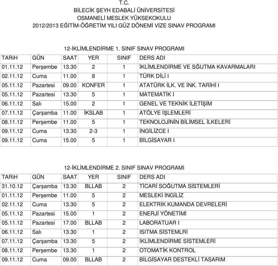 00 5 1 TEKNOLOJİNİN BİLİMSEL İLKELERİ 09.11.12 Cuma 13.30 2-3 1 İNGİLİZCE I 09.11.12 Cuma 15.00 5 1 BİLGİSAYAR I 12-İKLİMLENDİRME 2. SINIF SINAV PROGRAMI 31.10.12 Çarşamba 13.