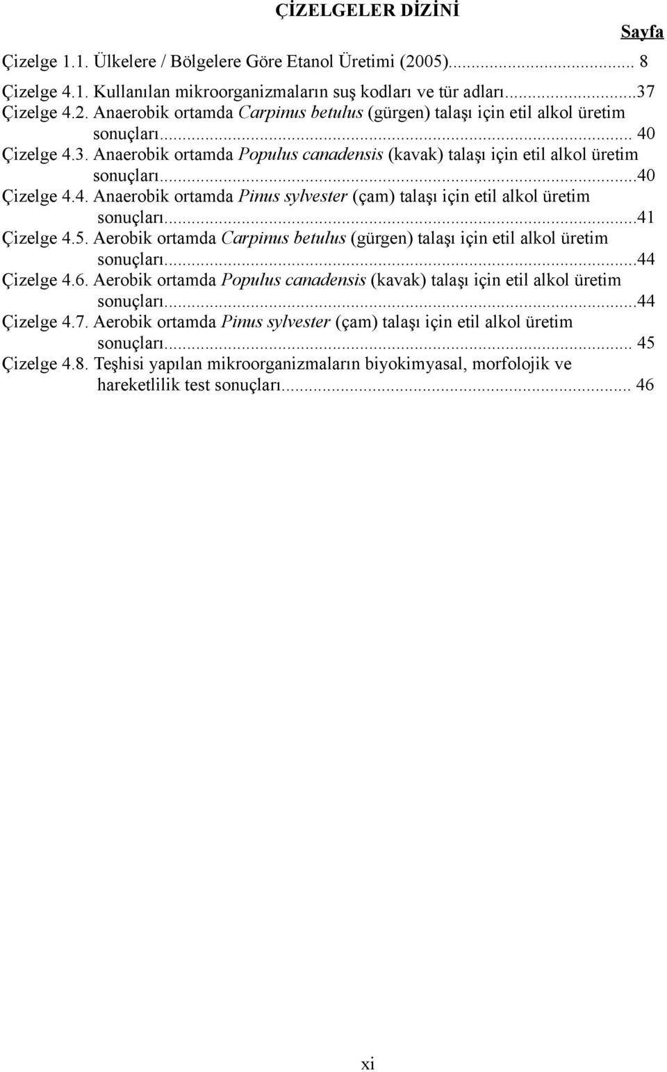 ..41 Çizelge 4.5. Aerobik ortamda Carpinus betulus (gürgen) talaşı için etil alkol üretim sonuçları...44 Çizelge 4.6.