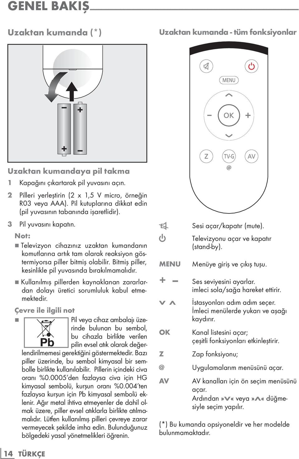 3 Pil yuvasını kapatın. 7 Televizyon cihazınız uzaktan kumandanın komutlarına artık tam olarak reaksiyon göstermiyorsa piller bitmiş olabilir. Bitmiş piller, kesinlikle pil yuvasında bırakılmamalıdır.