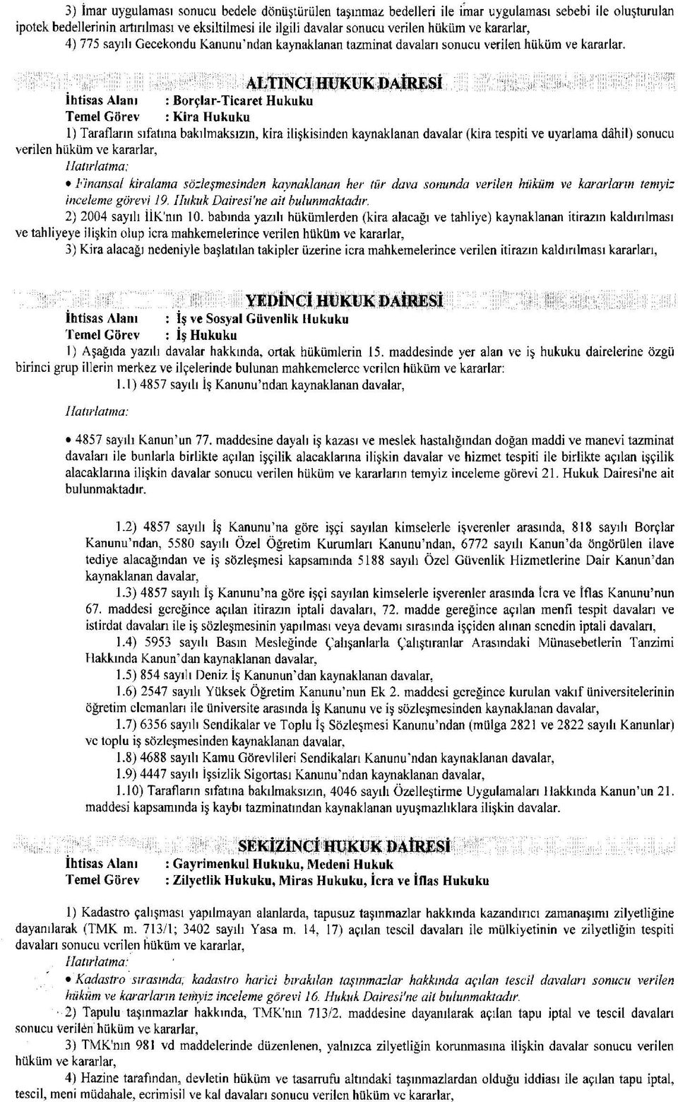 ALTINCI HUKUK DAİRESİ İhtisas Alanı : Borçlar-Ticaret Hukuku Temel Görev : Kira Hukuku 1) Tarafların sıfatına bakılmaksızın, kira ilişkisinden kaynaklanan davalar (kira tespiti ve uyarlama dâhil)